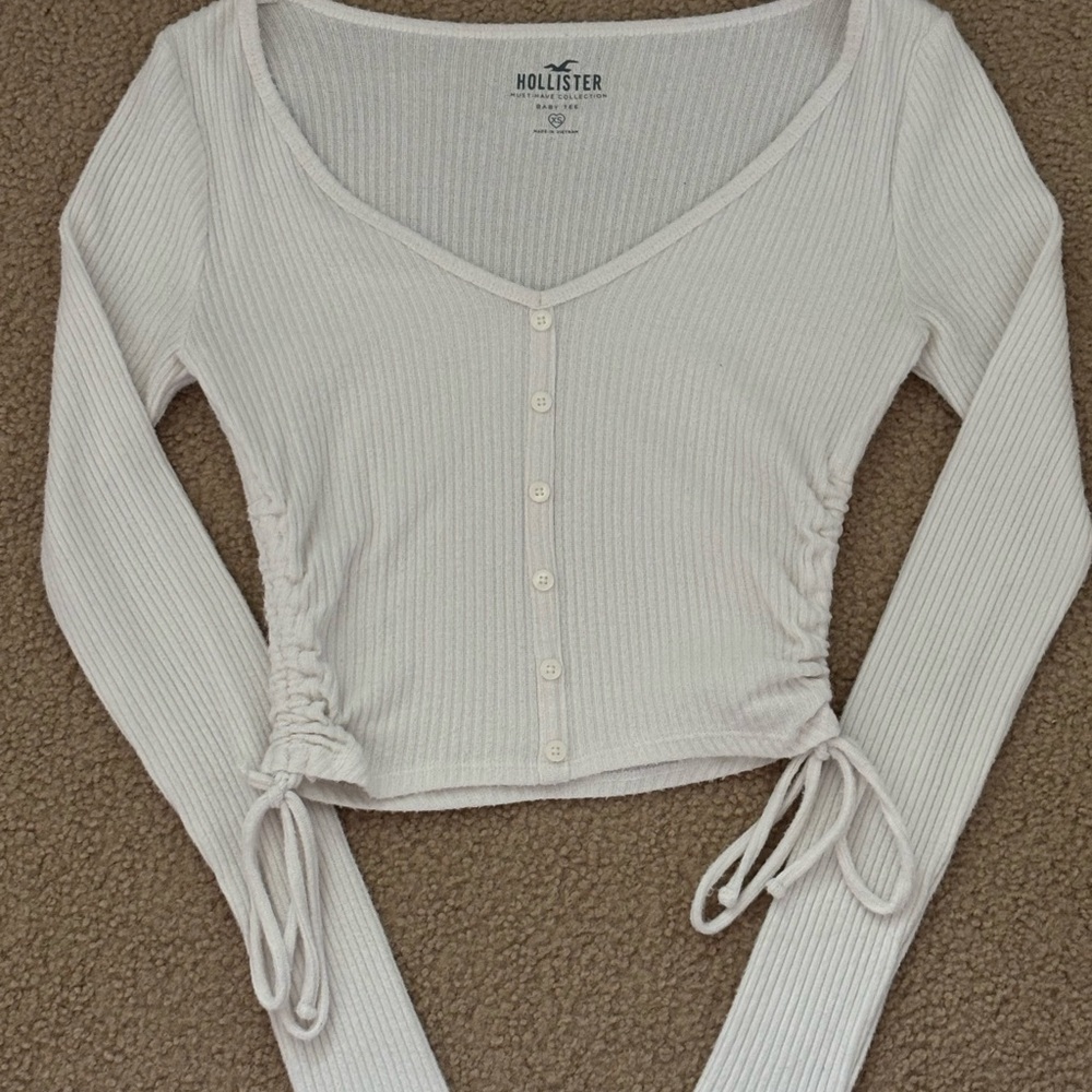 Hollister White Ribbed Ruched Blouse